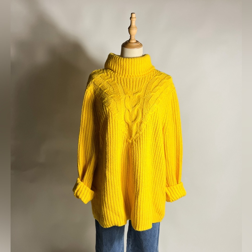 LANDS END Cotton Blend Yellow Chunky Knit Turtleneck Sweater Womens Large 14/16